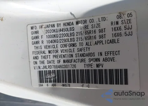 2006 Honda Cr-V Ex z USA, uszkodzony, nr VIN JHLRD78846C001726